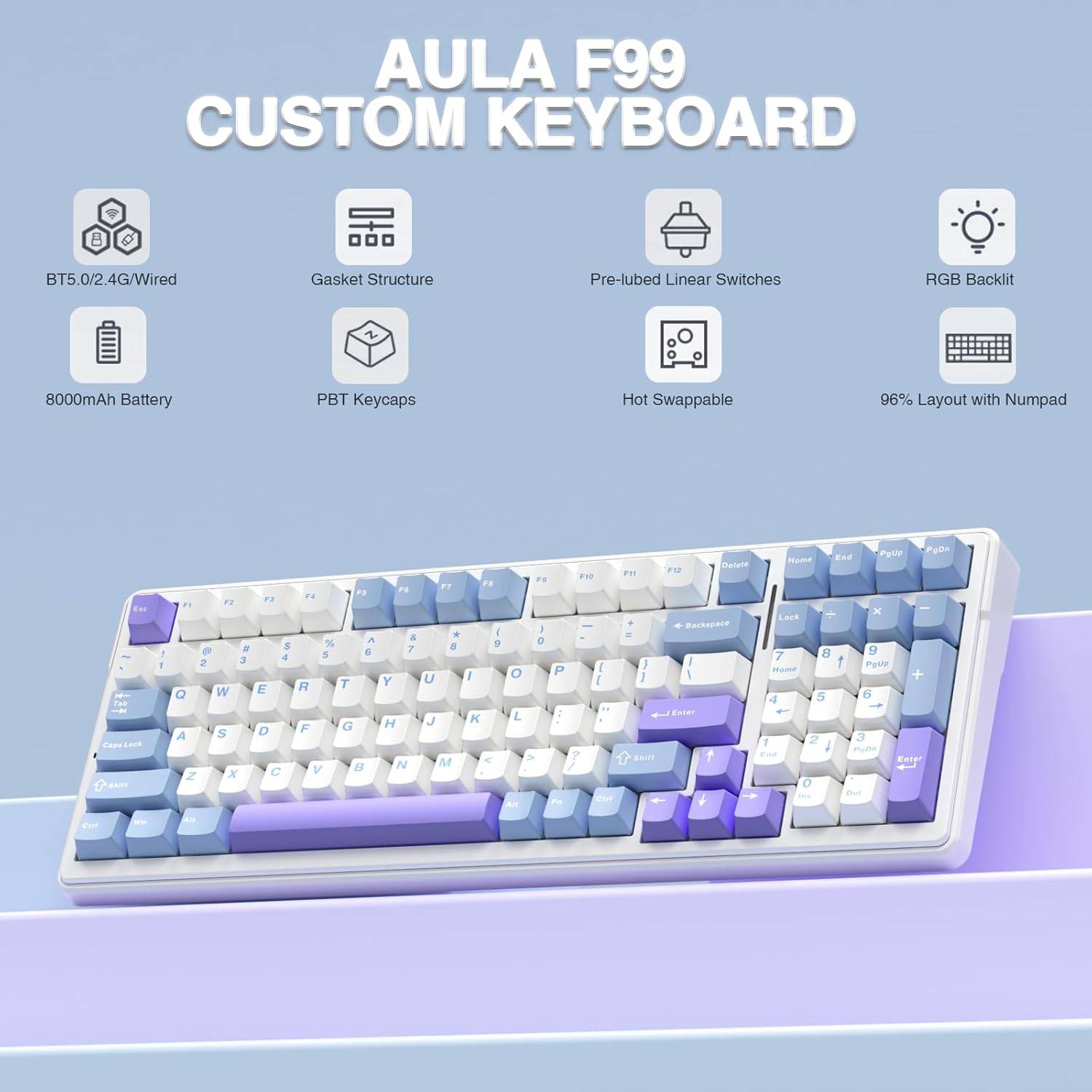 AULA F99 Wireless Mechanical Keyboard,Tri-Mode BT5.0/2.4GHz/USB-C Hot Swappable Custom Keyboard,Pre-lubed Linear Switches,Gasket Structure,RGB Backlit Gaming Keyboard for PC/Tablet/Xbox/PS4/PS5 - Image 2