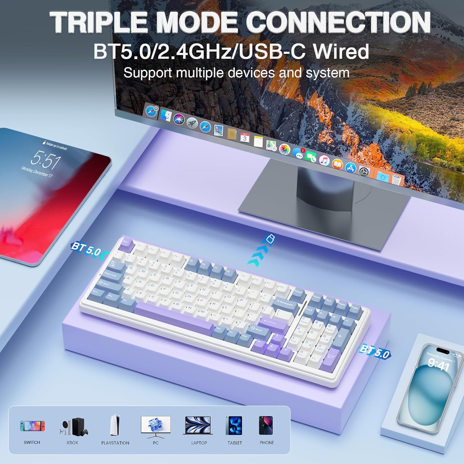 AULA F99 Wireless Mechanical Keyboard,Tri-Mode BT5.0/2.4GHz/USB-C Hot Swappable Custom Keyboard,Pre-lubed Linear Switches,Gasket Structure,RGB Backlit Gaming Keyboard for PC/Tablet/Xbox/PS4/PS5 - Image 3