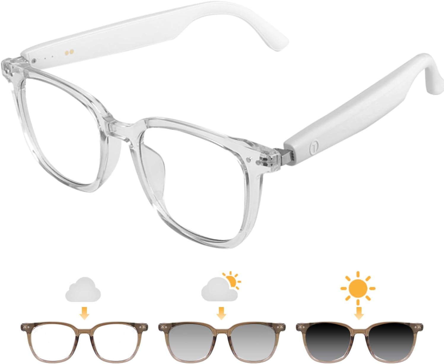 Bluetooth Audio Smart Glasses, Blue Light Glasses for Women Men, Remote Shooting, Open Ear Sound Mic &Speakers, Magnetic Charging, Color-Changing & Polarized Lenses, Voice Assistant (GS07-Clear)