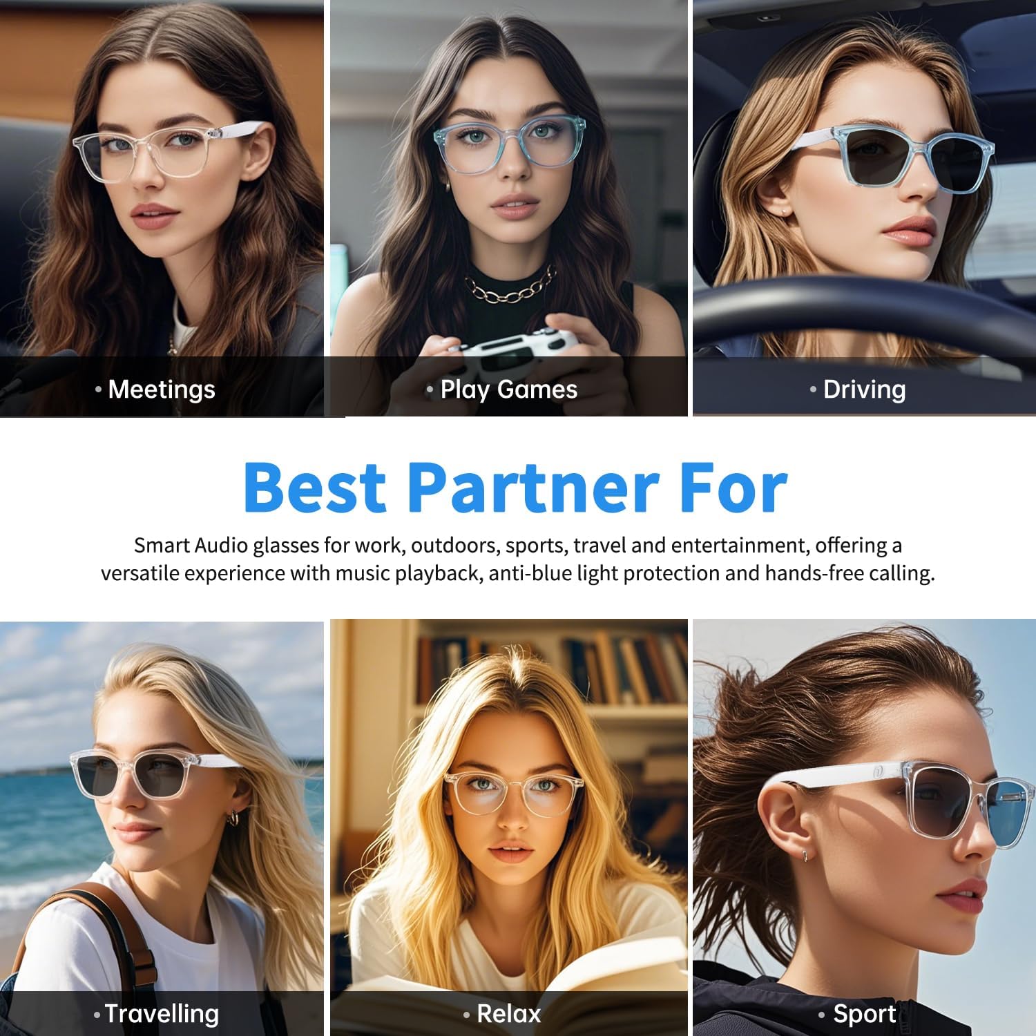 Bluetooth Audio Smart Glasses, Blue Light Glasses for Women Men, Remote Shooting, Open Ear Sound Mic &Speakers, Magnetic Charging, Color-Changing & Polarized Lenses, Voice Assistant (GS07-Clear) - Image 6