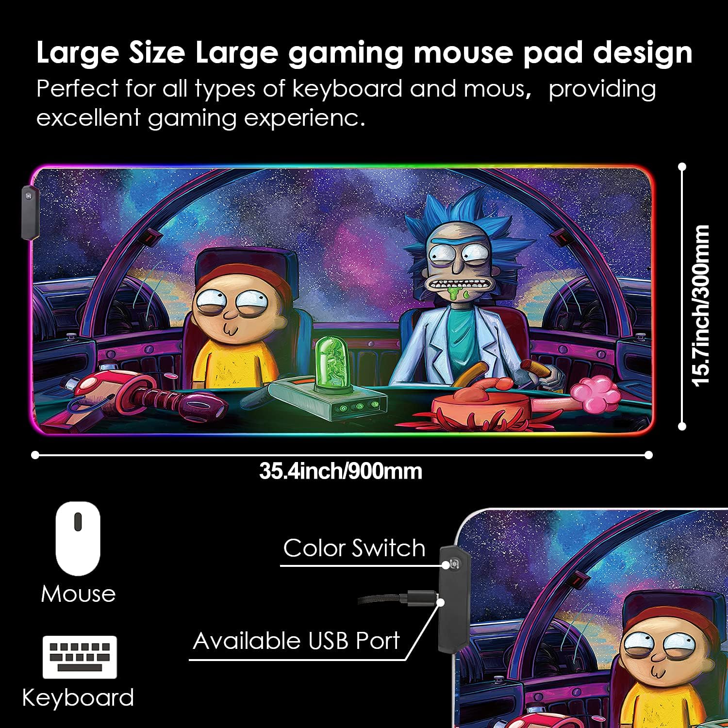 RGB Mouse Pad LED Light Gaming Mouse Pad with Rubber Base Colorful Computer Carpet Desk Mat for PC Laptop (35.4 * 15.7 inch) (90x40rgfeidie) - Image 2
